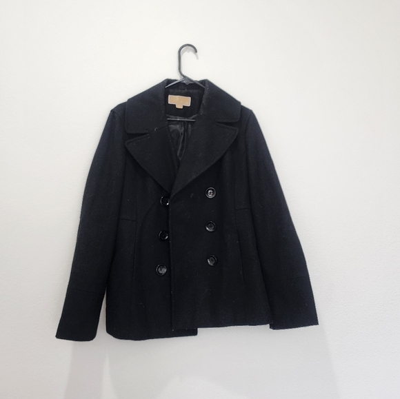 Michael Kors Double Breastef Black Wool Blend Pea Coat with Notched Lapel Large - Picture 1 of 3